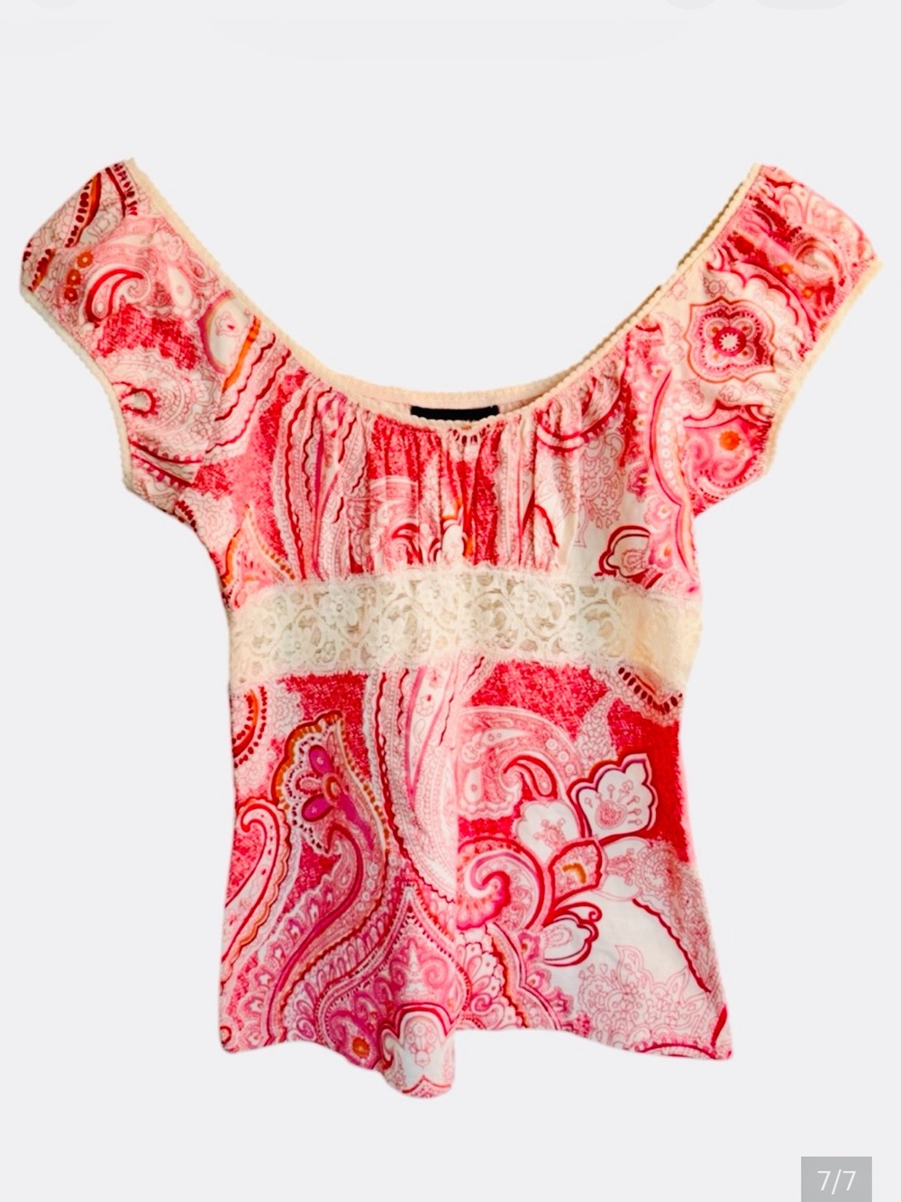 NWOT Express Y2K Cami VTG Lace On/Off Shoulder Paisley Print Short Sleeve Cami